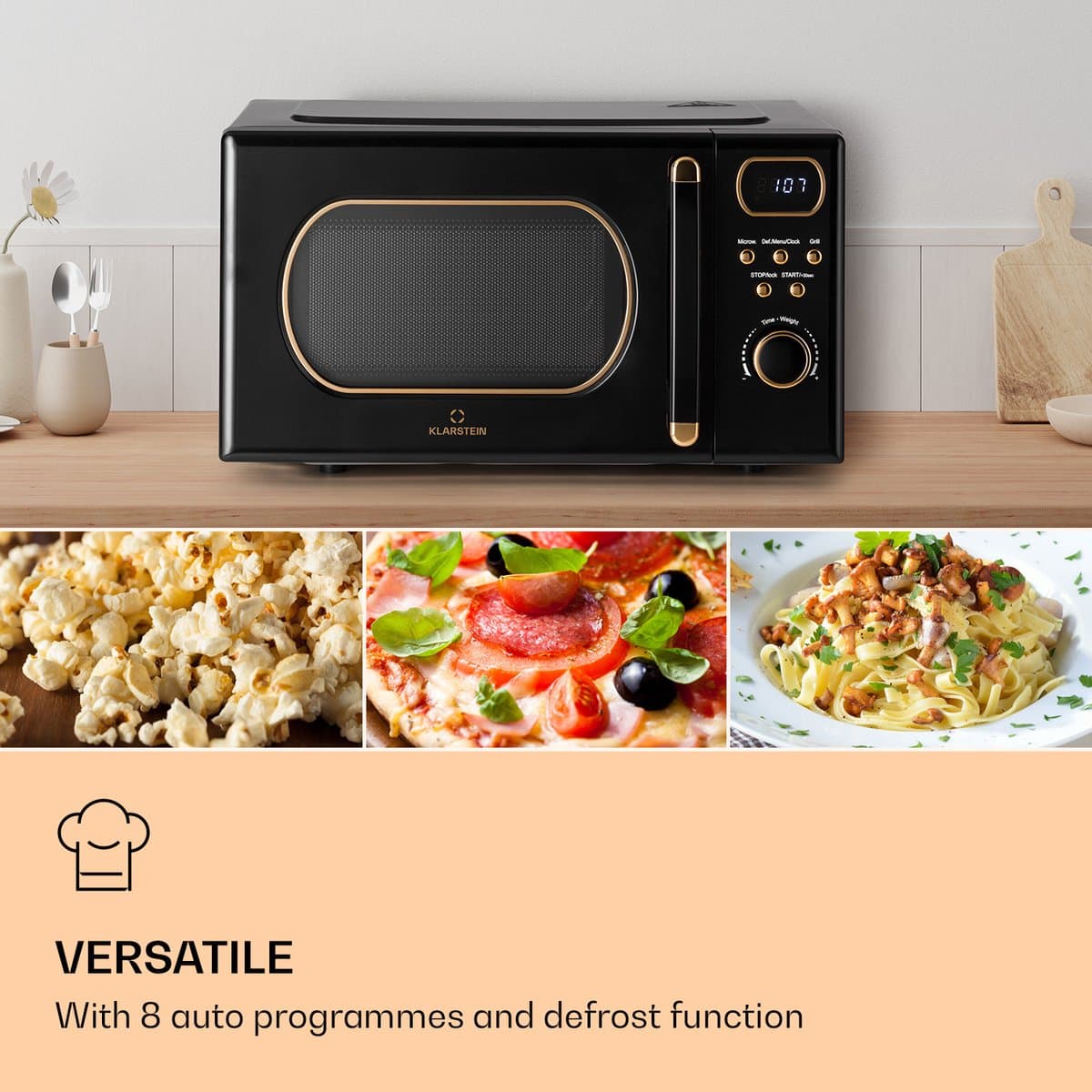Klarstein Magnetron met Grill, 800 W, 20 Liter, 3-in-1 RVS Zwart, Met Ontdooien en Pizzafunctie, Draaiplateau, Compact - voor Keuken - Bruin - Microwave Combimagnetron Microgolfoven Microwave Oven thumbnail 5