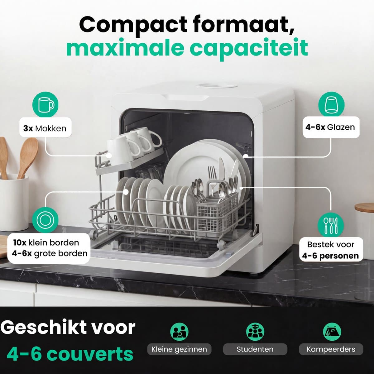 Ventux Mini Vaatwasser met Waterreservoir - 4-6 Couverts - 8 Programma's - Kleine Smalle Vrijstaande Vaatwasser - Mini Afwasmachine met UV-sterilisatie - Camping - Wit thumbnail 4