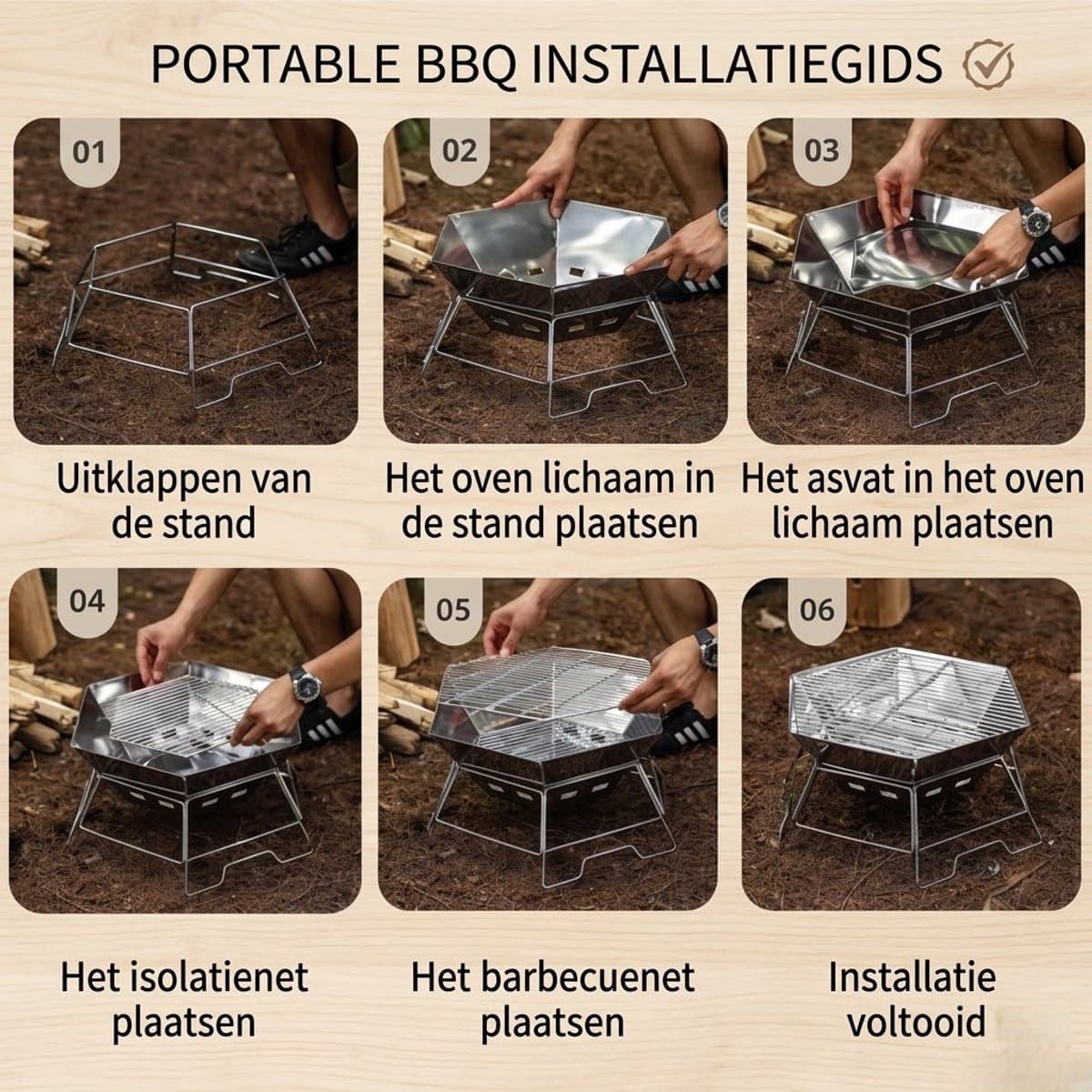 Opvouwbare Houtskool BBQ & Vuurplaats – RVS Camping Barbecue – Draagbaar & Stevig – Groot Formaat – Voor BBQ, Kampvuur & Outdoor Koken thumbnail 3