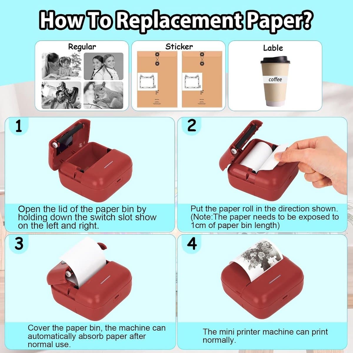 Mini Printer - Draagbare Printer - Foto's Printen - Inclusief 10 Rollen Papier - 82 x 82 x 45 mm thumbnail 3
