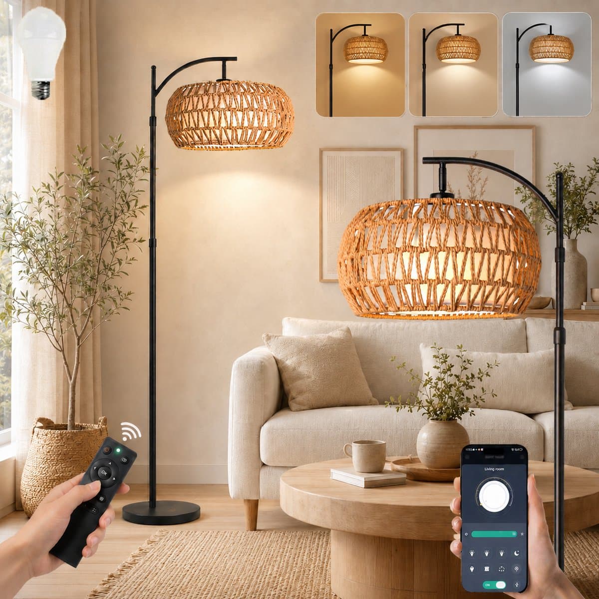 MUPOO boho rotan vloerlamp met slimme LED