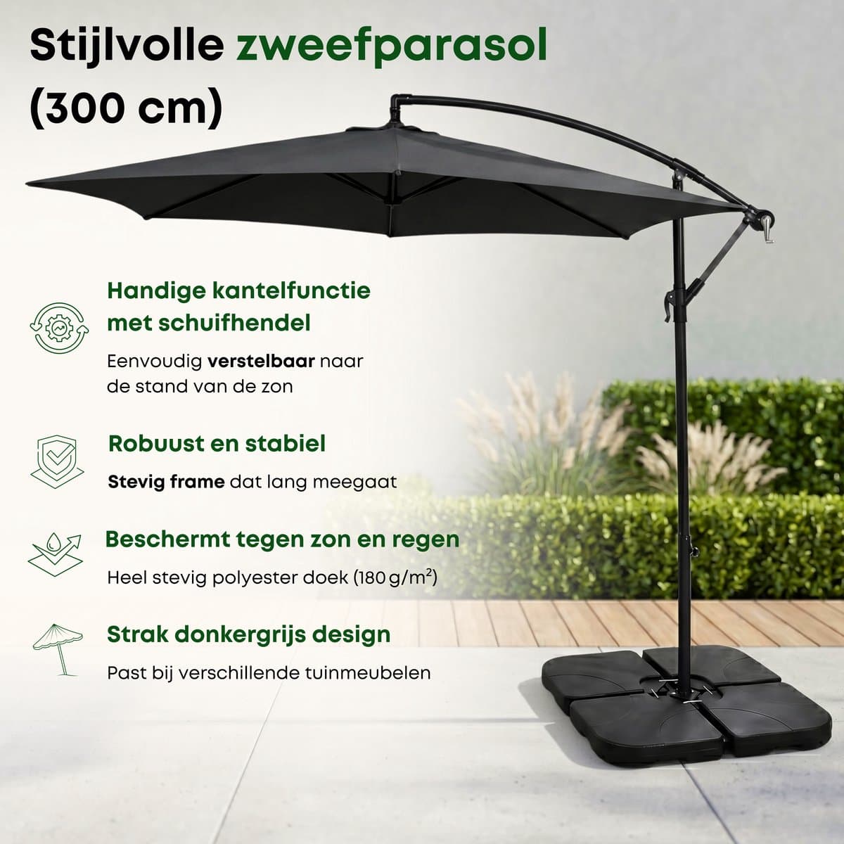 ACAZA Parasol - Zweefparasol - Donkergrijs - 300 cm diameter - Staal - Parasols - Rond - UV werend doek - Kantelbaar thumbnail 2