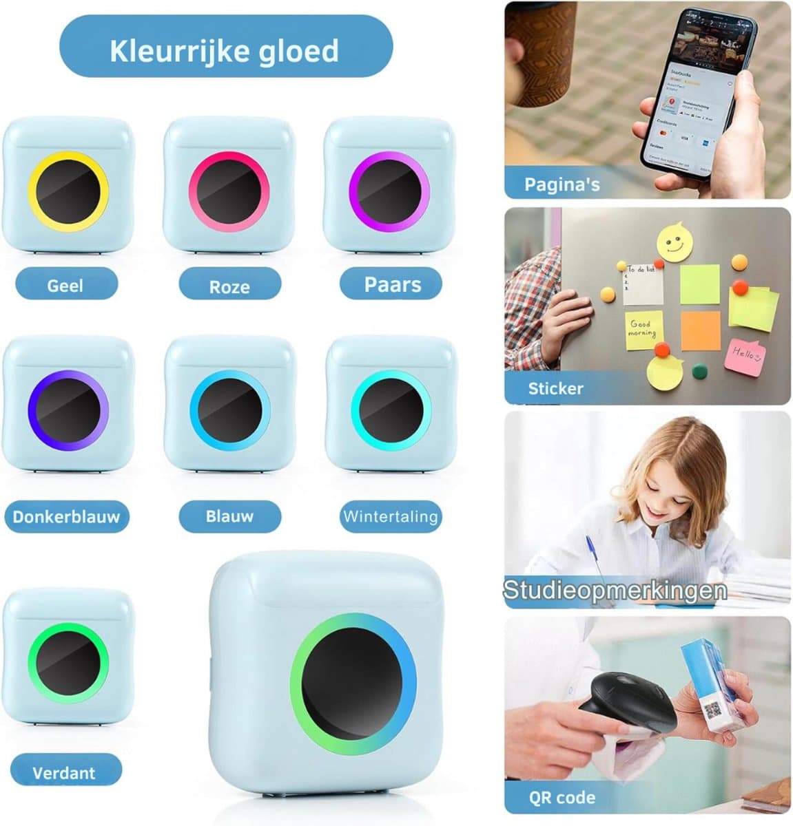 TIM® Mini Printer – Mini Printer voor Mobiel - Pocket Printer – Foto Printer Draadloos – Mobiele Fotoprinter - Blauw - 3cm x 8cm x 8cm thumbnail 3