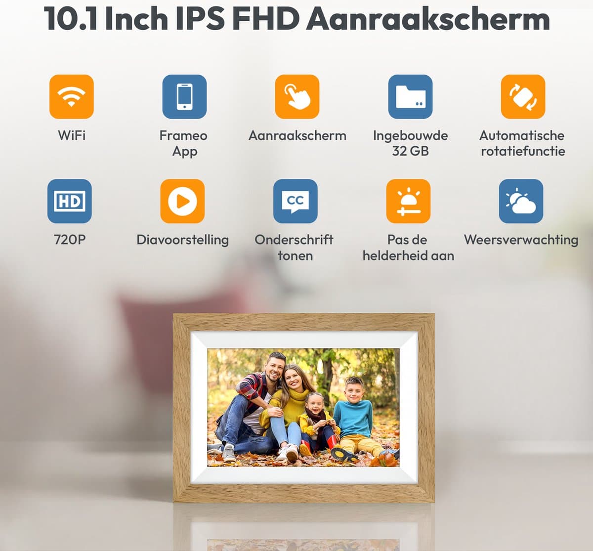 Digitale fotolijst met WiFi en Frameo App - 10.1 inch HD+ IPS Display - Fotokader met Touchscreen - 32GB - Bruin/Wit - Frameo digitale fotolijst - digitale fotokader - digitaal fotolijstje thumbnail 2