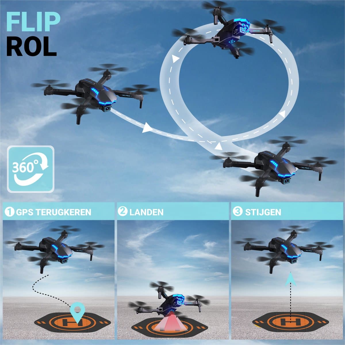 HAWX Drone - Drone met 4K Camera - Mini drone - Voor Kinderen/Volwassenen - Drones - Tot 90 Minuten Vliegen - Incl. 3 Batterijen, Opbergtas, Landing Pad thumbnail 7