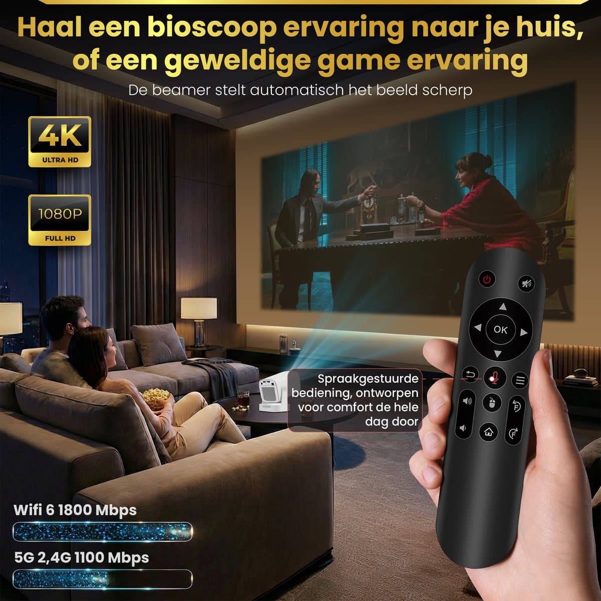 Cahaya Nova - Mini Beamer - 4K ondersteuning - mini projector - draagbare beamer - projector / beamer - Geïntegreerd Android 12.0 systeem - Screen mirroring smartphone - Home cinema thumbnail 3