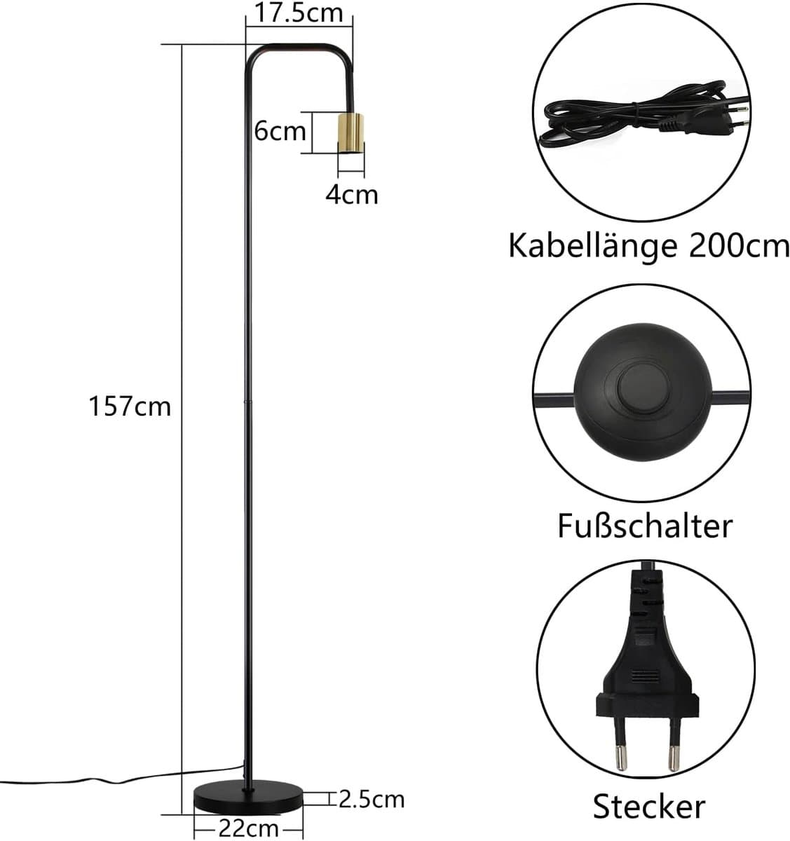 Glitzerlife - Vintage Vloerlamp - Industrieel Design Staande Lamp Zwart Goud Metaal - Met Voetschakelaar, Exclusief Lichtbron - Voor Woonkamer Slaapkamer Kantoor thumbnail 6