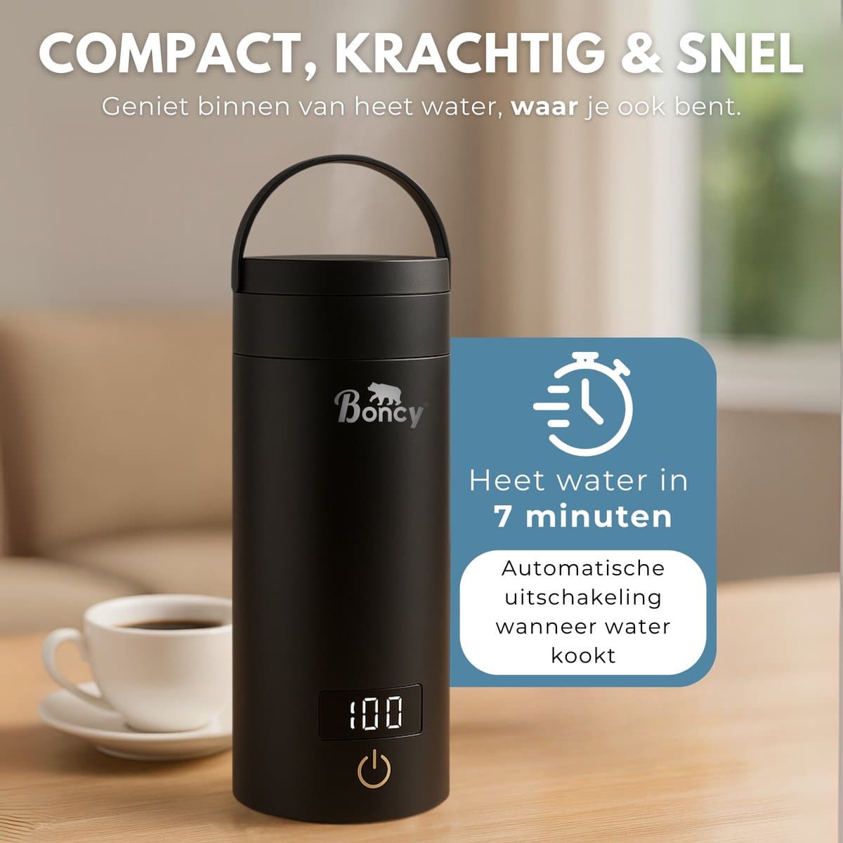 Boncy® Premium Mini Waterkoker met Temperatuurregeling - 380ml met Thermometer en Warmhoudfunctie - Kleine RVS Reiswaterkoker Zwart - Reis Waterkokers voor Camping Hotel Senioren - Klein Draagbare Travel Water Koker Grijs Temperatuur keuze - 0,5 L thumbnail 6
