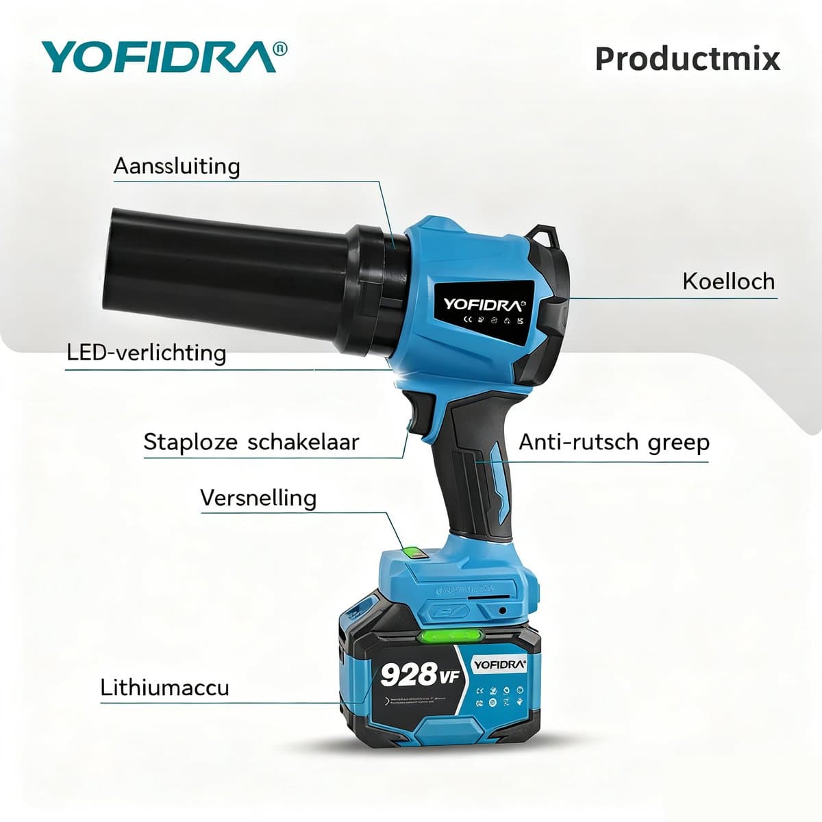 Yofidra Accu Bladblazer met 2x 4500 mAh Accu - 300 m/s Turbo Blazer - Borstelloze Motor - Blaaskracht 1,2 kg - voor Auto-Reiniging, Verwijdert Stof en Sneeuw thumbnail 2