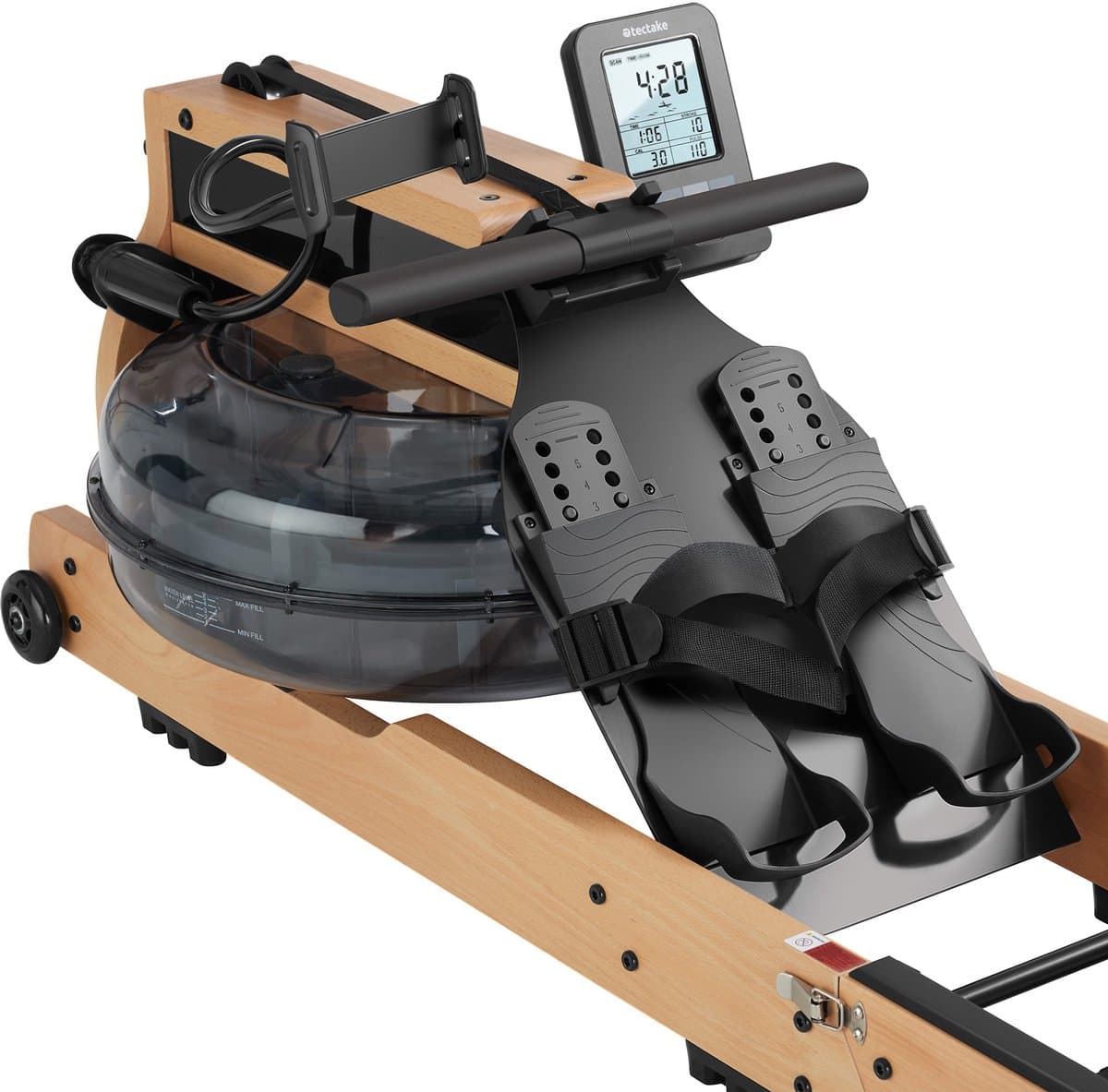 tectake® Houten Roeimachine - Opvouwbare Roeitrainer met 6 Weerstand Standen - Home Gym - Workout Roeiapparaat - Met Trainingscomputer en Borstband - Bluetooth en Kinomap-app compatibel - Draagkracht tot 150kg thumbnail 8