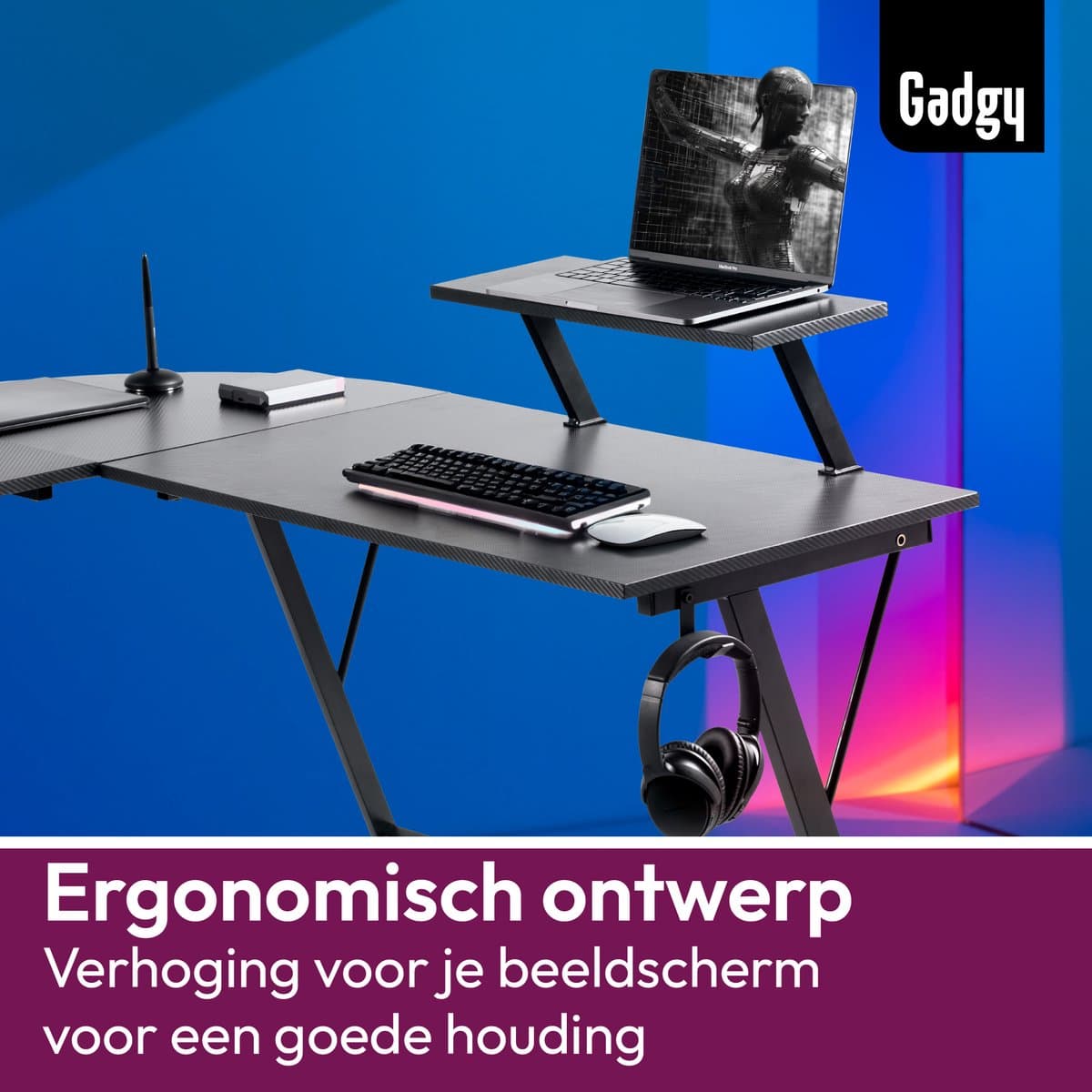Gadgy Gaming Bureau Carbon PRO - Game HoekBureau 130 CM Breed - Game Bureau met Carbon Details - Gaming Desk met Koptelefoonhouder, Scherm Verhoging & Opbergmand - Level Up met Gadgy - Zwart Carbon thumbnail 5