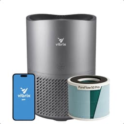 Productfoto van Vibrix PureFlow50 Pro Luchtreiniger / Air Purifier – HEPA + koolstoffilter – 350 m³/u – Voor kamers tot ca. 50 m² – Ionisator – App-bediening – Zeer stil met slaapstand – Luchtkwaliteitindicator