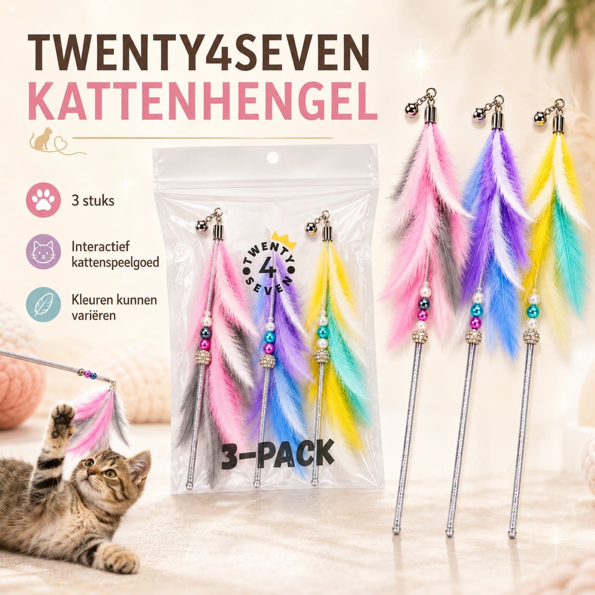 Twenty4seven® Kattenhengel 3-Pack - Kattenspeeltjes met Veer - Kattenspeelgoed - Interactief & Intelligentie - Speelgoed voor Katten & Kittens thumbnail 2