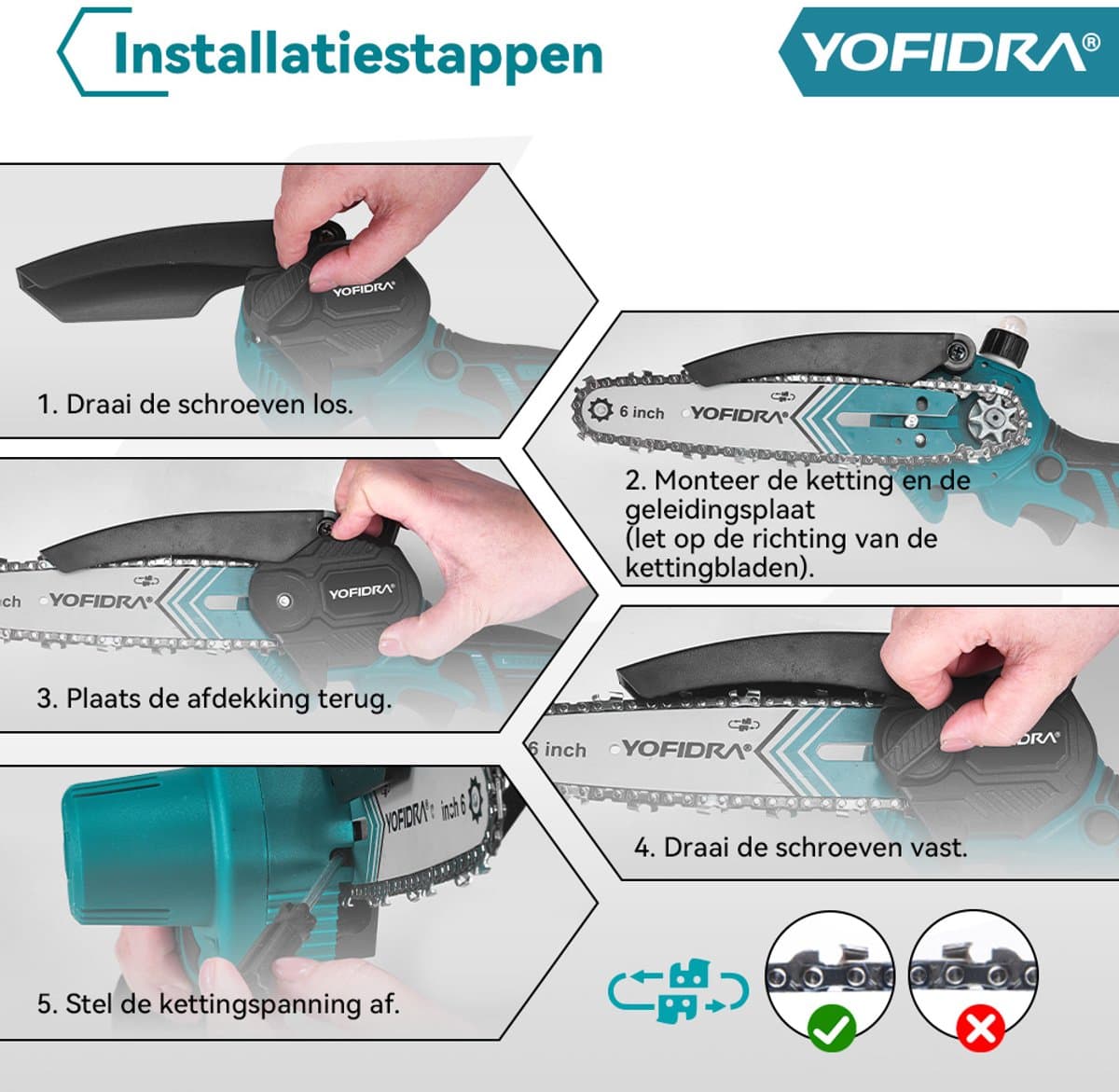 Yofidra Mini kettingzaag - 6 inch kettingzaag- met 2x accu’s - 1000W Heggenschaar - Takkenzaag - voor tuin, boomsnoeien en hout thumbnail 6