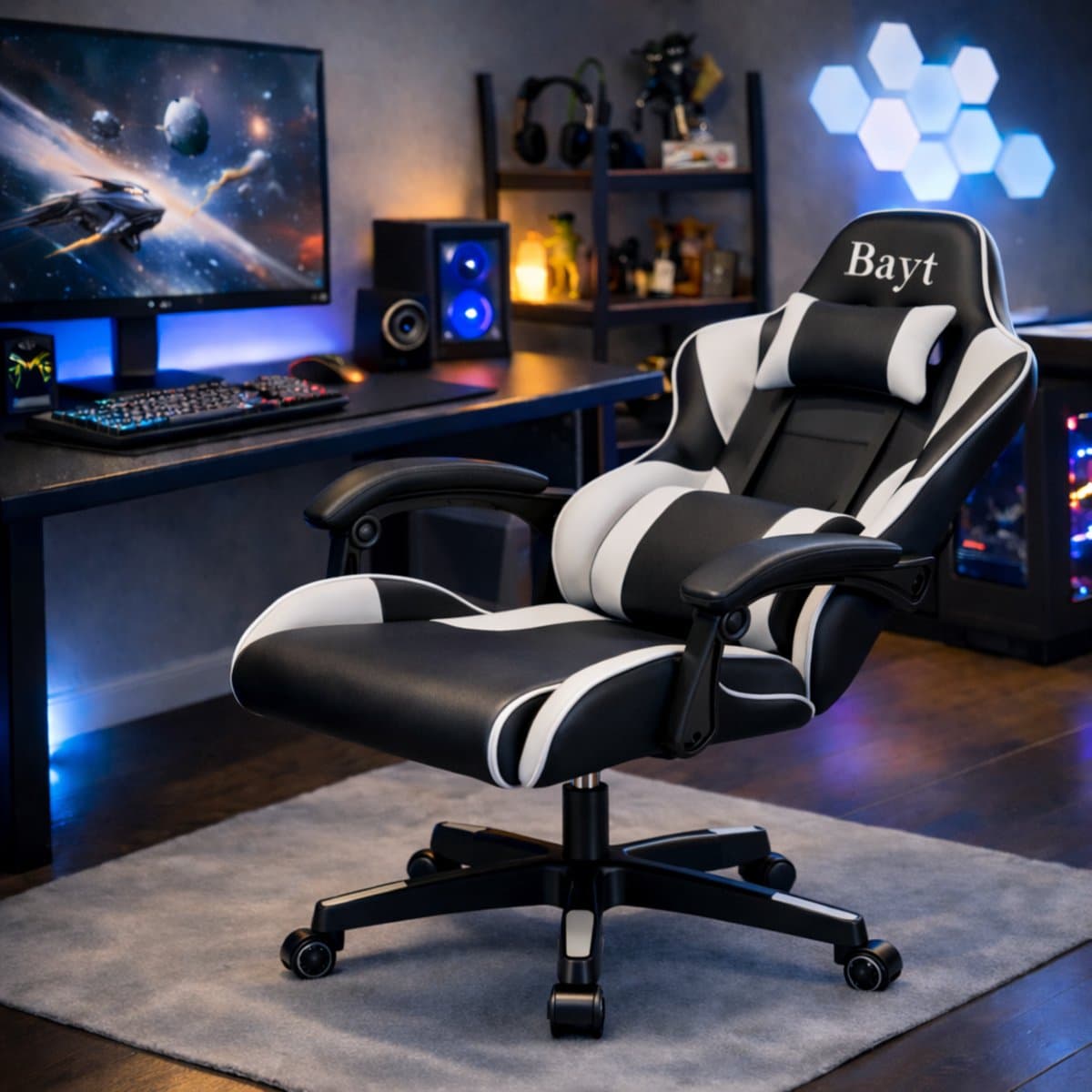 Bayt Gamestoel - Gaming chair - Gamingstoel - Verstelbare rugleuning - Comfortabele game stoel - Zwart en wit thumbnail 8