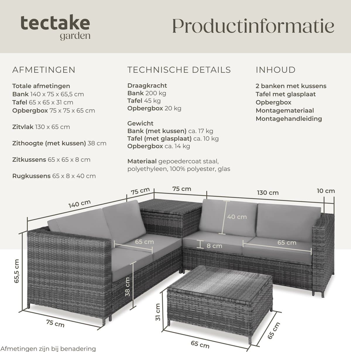 tectake® Wicker zitgroep - Tuinmeubelset - 2 banken met extra dikke kussens - Tafel met glazen blad - Tuinmeubelen voor terras - Tuin - Balkon - Buitenmeubels - Inclusief opbergbox - Maximale belasting bank 200 kg en tafel 45 kg - Grijs thumbnail 6