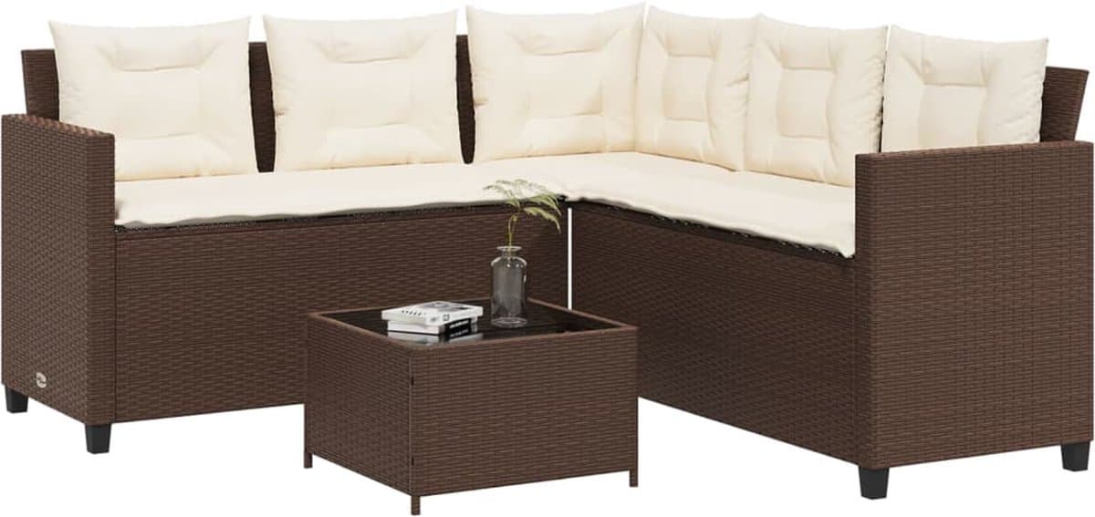 vidaXL - Tuinbank - met - tafel - en - kussens - L-vormig - poly - rattan - bruin
