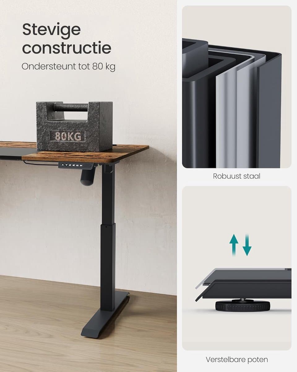 Elektrisch Zit-Sta Bureau – 70x160x(72–120) cm – In Hoogte Verstelbaar – 4 Geheugenstanden – Vintage Bruin/Zwart – Geluidsarm <50 dB – Kabelmanagement – Opbergvak – Draagkracht 80 kg thumbnail 2