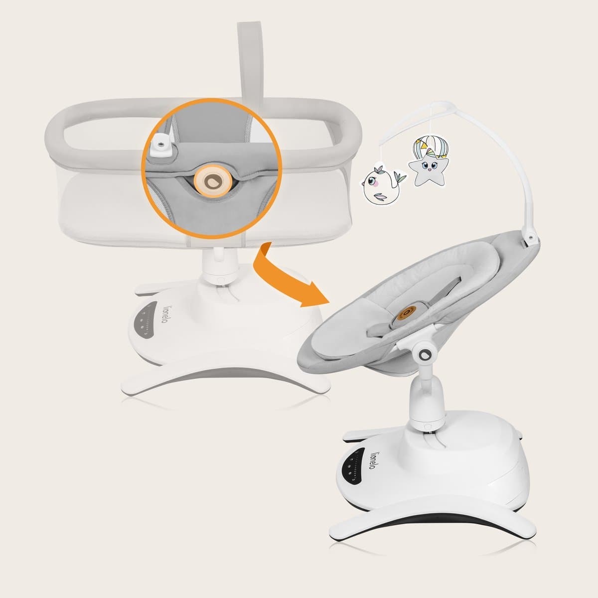 Lionelo Bella Set 2in1 – Wipstoel & Reiswieg – 360° Draaibare Zitting – Elektrische 6 Schommelstanden – 5 Snelheden – Rugleuning 3 Posities – Bewegingssensor – Nachtmodus – 12 Melodieën – Bamboe Kussen – Afstandsbediening – Wasbare Hoezen – Tot 9 kg thumbnail 8