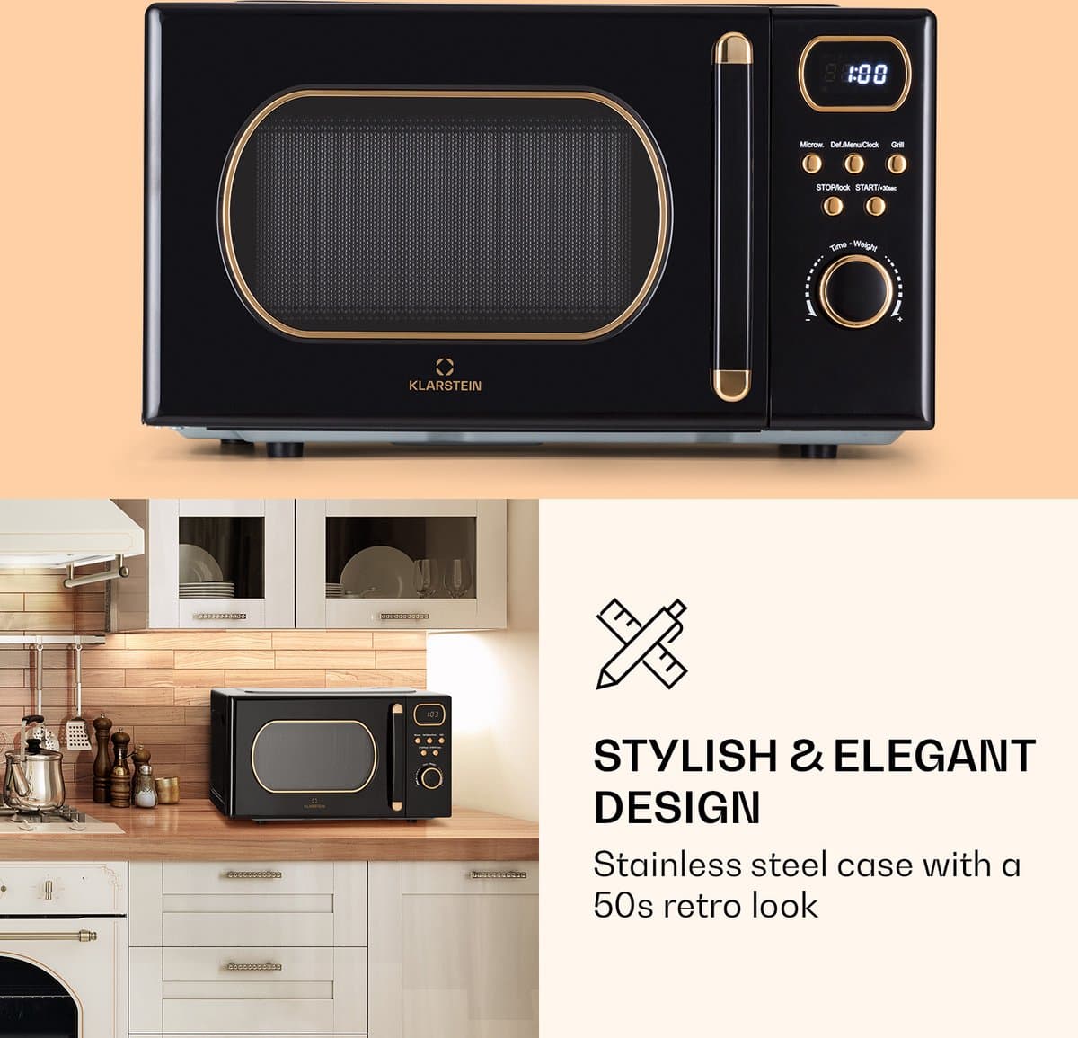 Klarstein Magnetron met Grill, 800 W, 20 Liter, 3-in-1 RVS Zwart, Met Ontdooien en Pizzafunctie, Draaiplateau, Compact - voor Keuken - Bruin - Microwave Combimagnetron Microgolfoven Microwave Oven thumbnail 4
