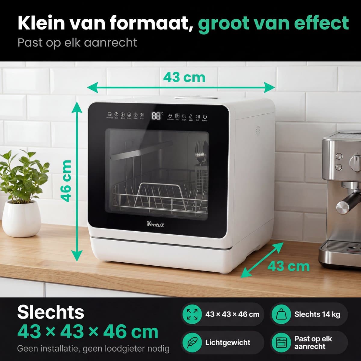 Ventux Mini Vaatwasser met Waterreservoir - 4-6 Couverts - 8 Programma's - Kleine Smalle Vrijstaande Vaatwasser - Mini Afwasmachine met UV-sterilisatie - Camping - Wit thumbnail 3