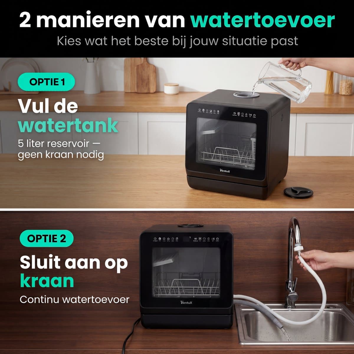 Ventux Mini Vaatwasser met Waterreservoir - 4-6 Couverts - 8 Programma's - Kleine Smalle Vrijstaande Vaatwasser - Mini Afwasmachine met UV-sterilisatie - Camping - Zwart thumbnail 5