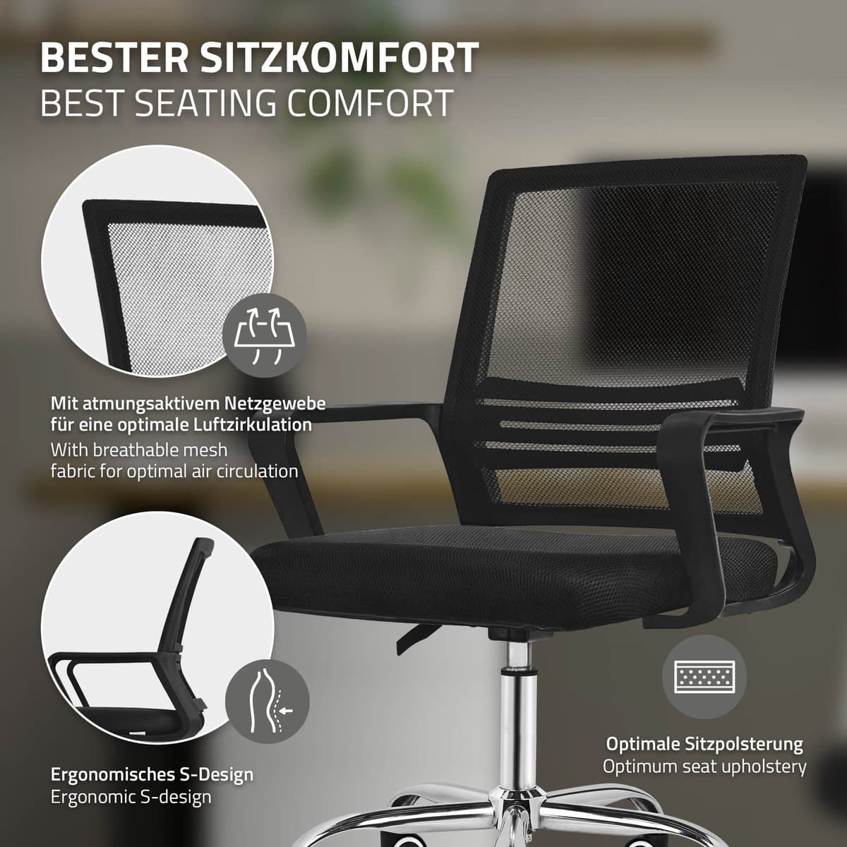 Ergonomische bureaustoel, zwart, in hoogte verstelbare bureaustoel met armleuningen, wielen, computerstoel 360° draaibare stoel gaming stoel ML-Design thumbnail 3