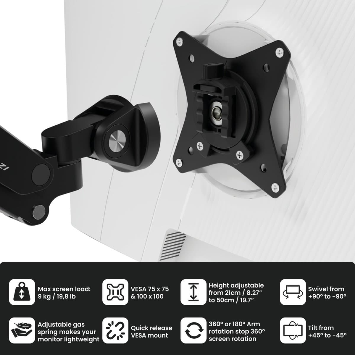 Arozzi Alzare Neo Dubbele Monitor Arm - Gasfeder - Kabelbeheer - 17" tot 34" - Zwart thumbnail 6