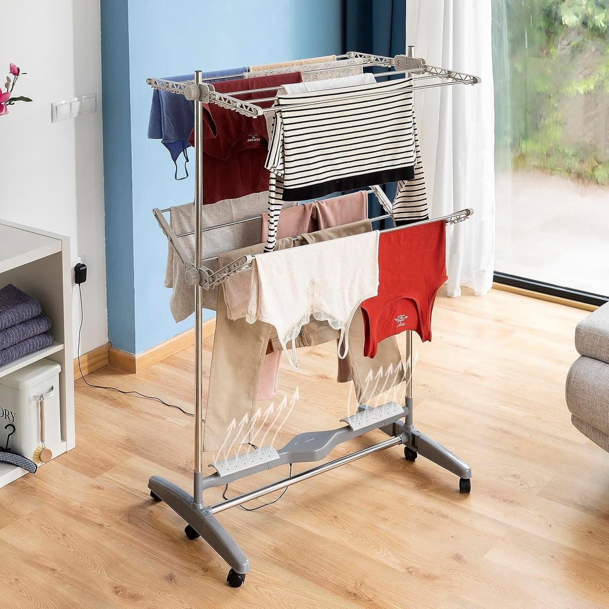 InnovaGoods - Electric Drying Rack 24W with Natural Airflow, 12 Rods, Foldable and Adjustable, Space Saving, Energy Efficient, Movable with Wheels, Grey thumbnail 6