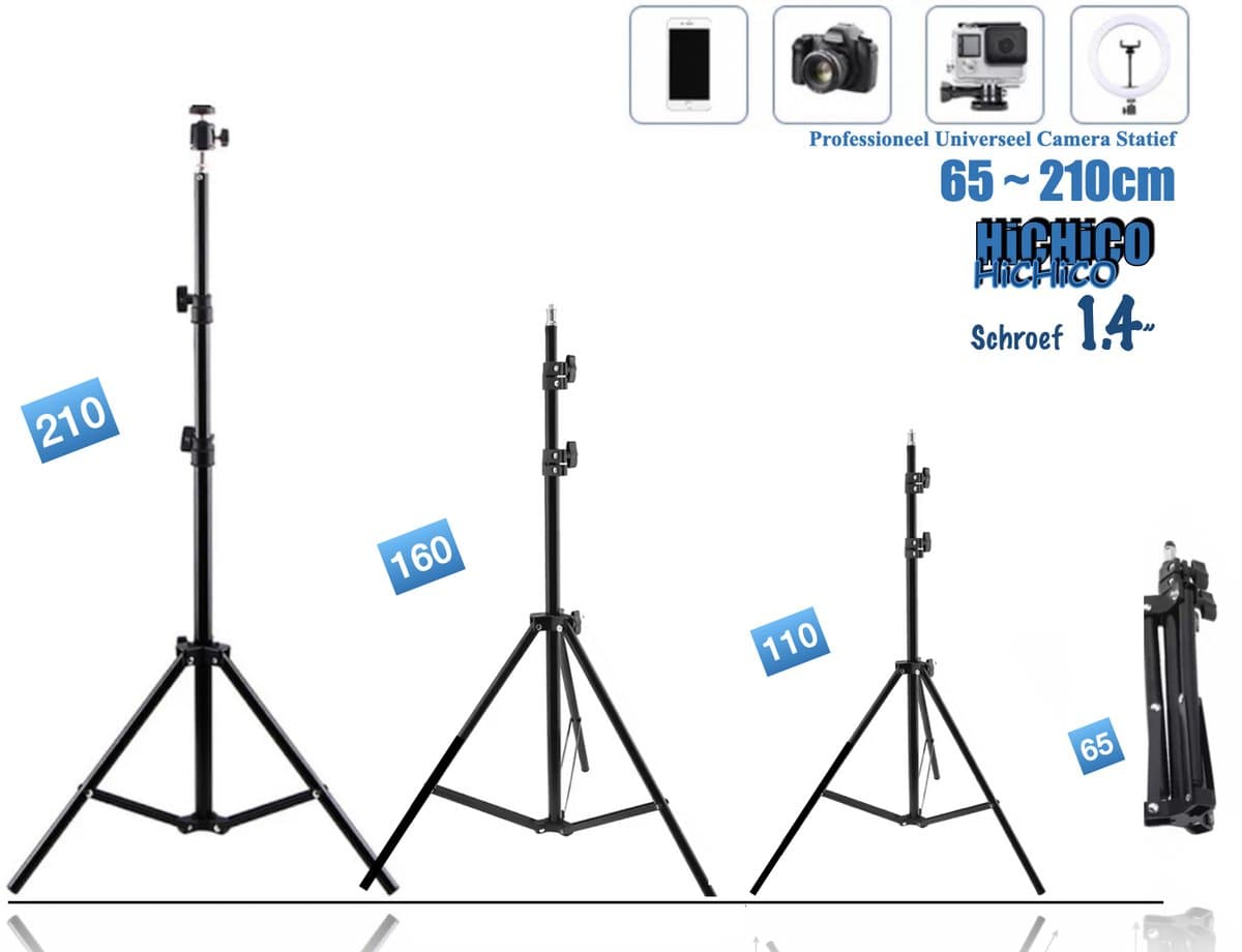 HiCHiCO® Smartphone Statief 210Cm Voor Fotocamera en Smartphone - iPhone - Canon – Nikon - Spiegelreflexcamera Inc. Bluetooth Remote Shutter, Telefoonhouder, 360 ° Draaigreep horizontaal / Camerastatief - Tripod