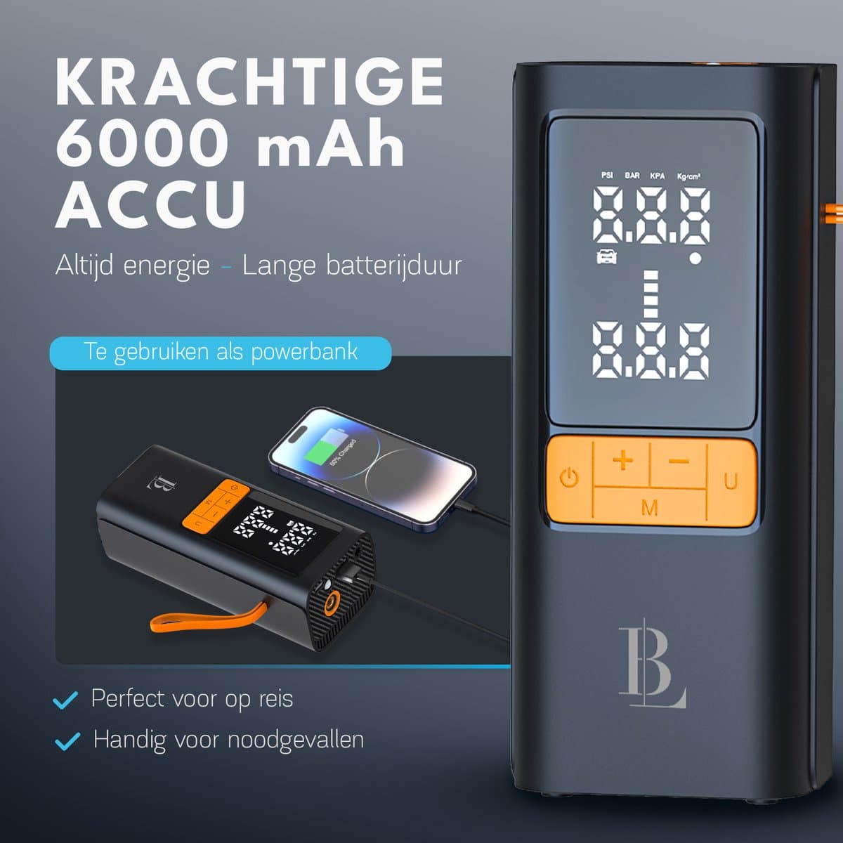 Elektrische Bandenpomp 4-in-1 - Tot 10.3 Bar - Auto, Fiets, Motor & Bal - Luchtcompressor - Autobanden Pomp - Elektrische Fietspomp - 6000 mAh Powerbank - Blissify thumbnail 5