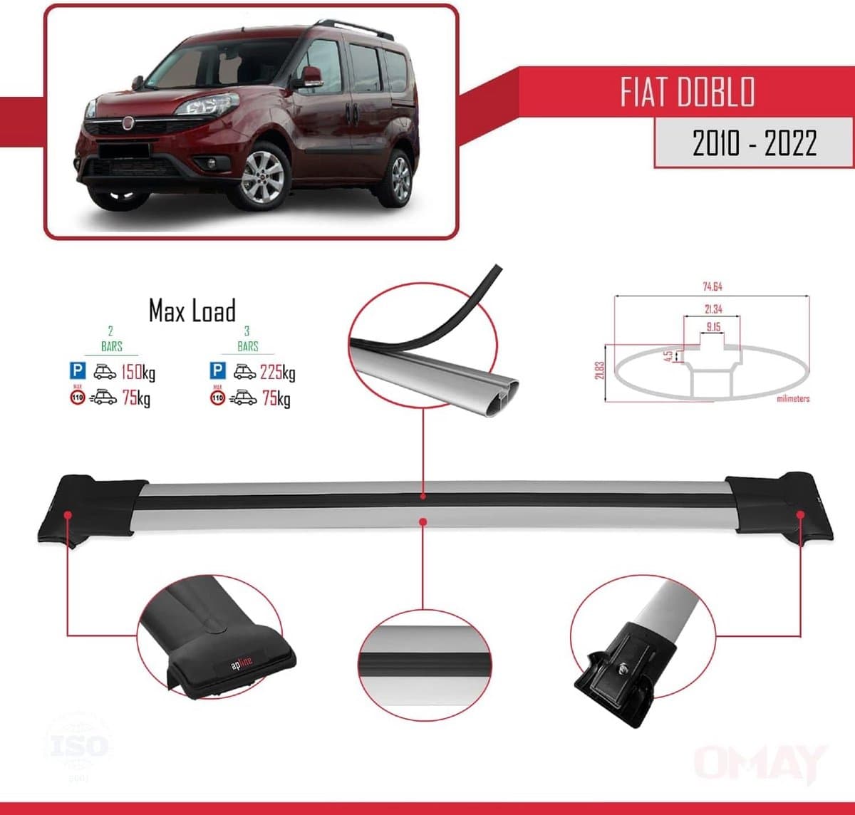 Dakdrager voor Fiat Doblo 2 (2010-2022) - Aluminium Spoorstaven voor Fietsen, Ski's en Dakkoffers thumbnail 4