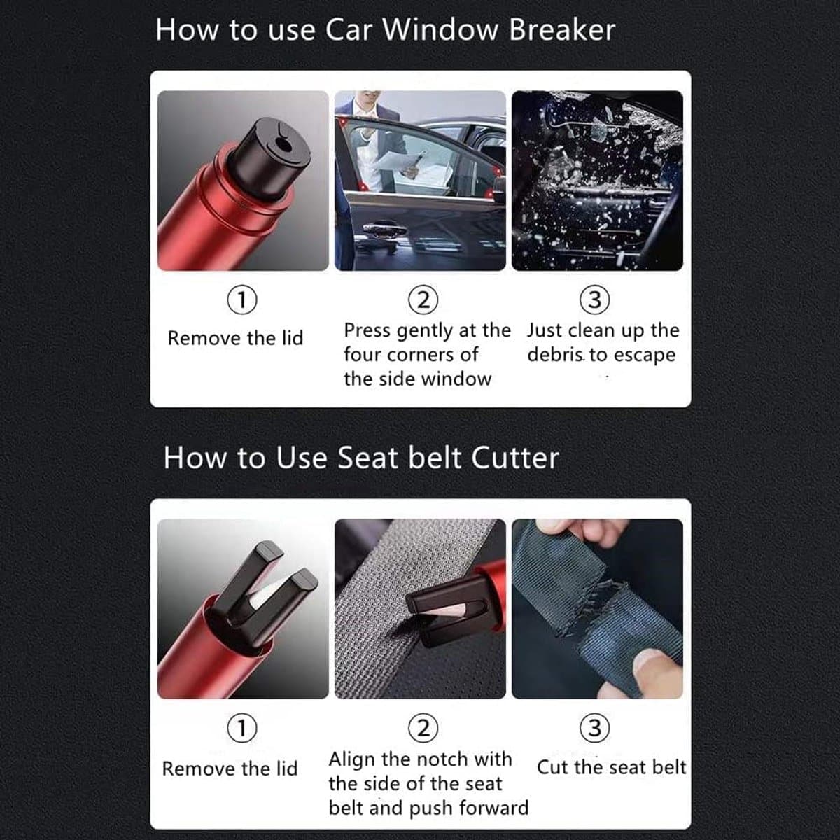 Raambreker - 2-pack autoveiligheidshamer nooduitganggereedschap - Auto-ruitbreker van één seconde - Gordelsnijder - Autoglasbreker - Levensreddend noodartefact (rood ) thumbnail 2