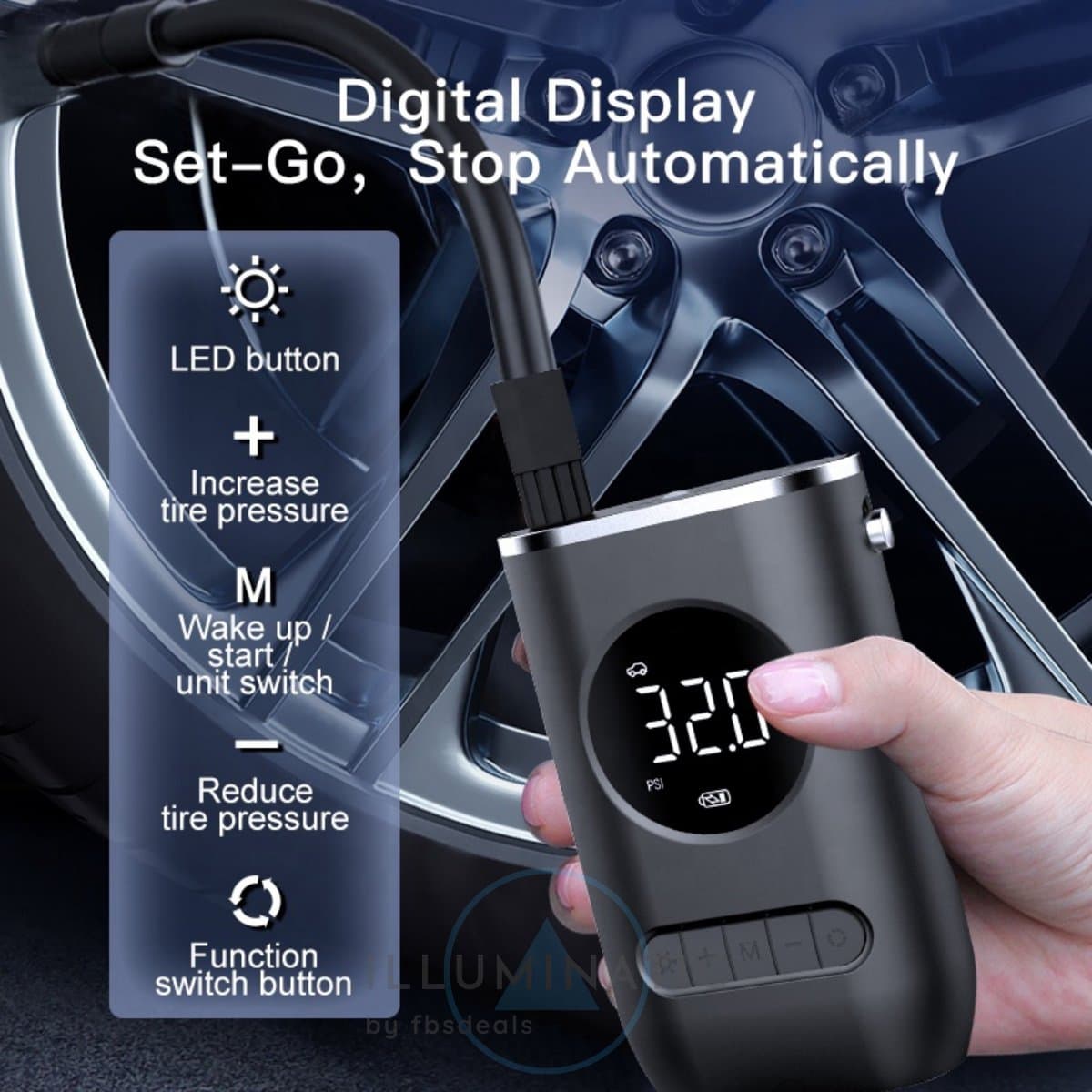 Draagbare Luchtpomp - Elektrische Luchtpomp - Lucht Pomp - Fiets Pomp - Auto Luchtpomp - Elektrische Fietspomp - Bandenpomp - Compressor Bandenpomp - Compressoren - Inflator Pomp - Draadloze Luchtpomp | Illuminatic® | USB Oplaadbaar | Zwart thumbnail 4