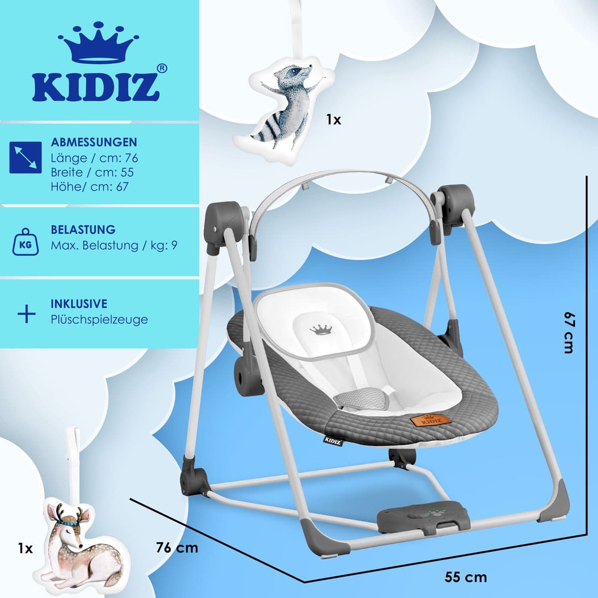KIDIZ® Wipstoel Baby Elektrisch Babyschommel tot max 9kg - Schommelstoel voor Baby Swing met Speelboog en 5 schommelsnelheden - Antraciet thumbnail 7