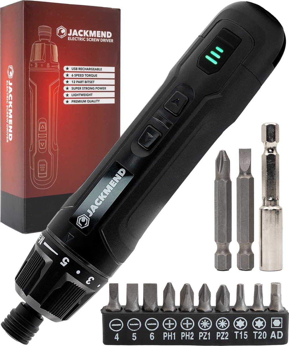 JACKMEND Accu Schroefmachine Inclusief 13-Delige Bit Set en 3.6V Lithium-Ion-Accu - Elektrische Schroevendraaier - USB-C Oplaadbaar Boormachine - 360RPM Motor - Zwart - afbeelding 1