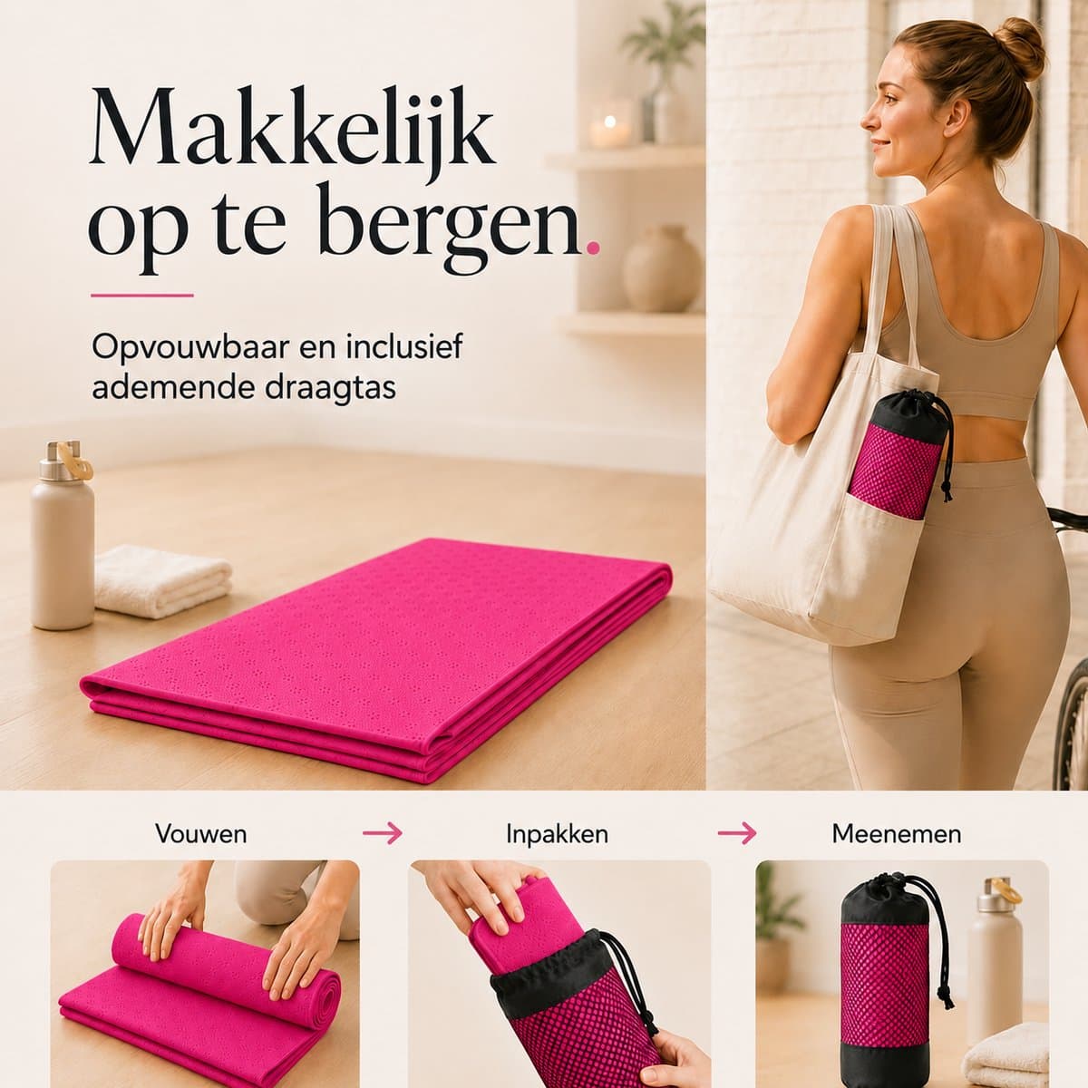 Sercano Yoga Handdoek 180x82cm - Snelle Drogende Microvezel Antislip Yoga Mat Towel - Inclusief Net Draagtas - Machinewasbaar - Hot Yoga & Vinyasa - Roos thumbnail 5
