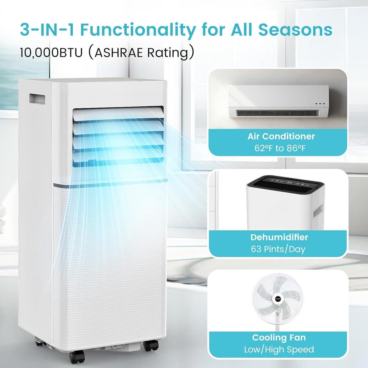 Mobiele airco 10000 BTU stil draagbaar met ontvochtiger, afstandsbediening en 4-in-1 functie thumbnail 3