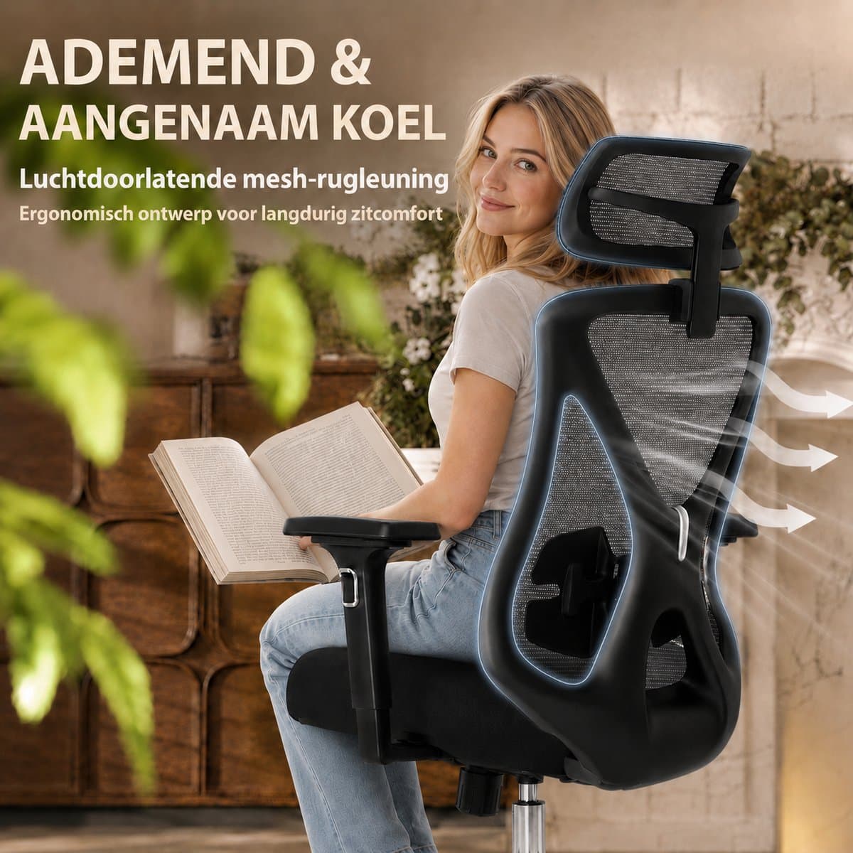 Durrafy Ergonomische Bureaustoel 200 kg - NEN-EN1335 Gecertificeerd - Bureaustoelen voor Volwassenen - Office Chair - Computerstoel met 2D Hoofdsteun, 3D Armleuningen, Lendensteun, Zitdiepteverstelling en Ademend Mesh - Zwart thumbnail 4