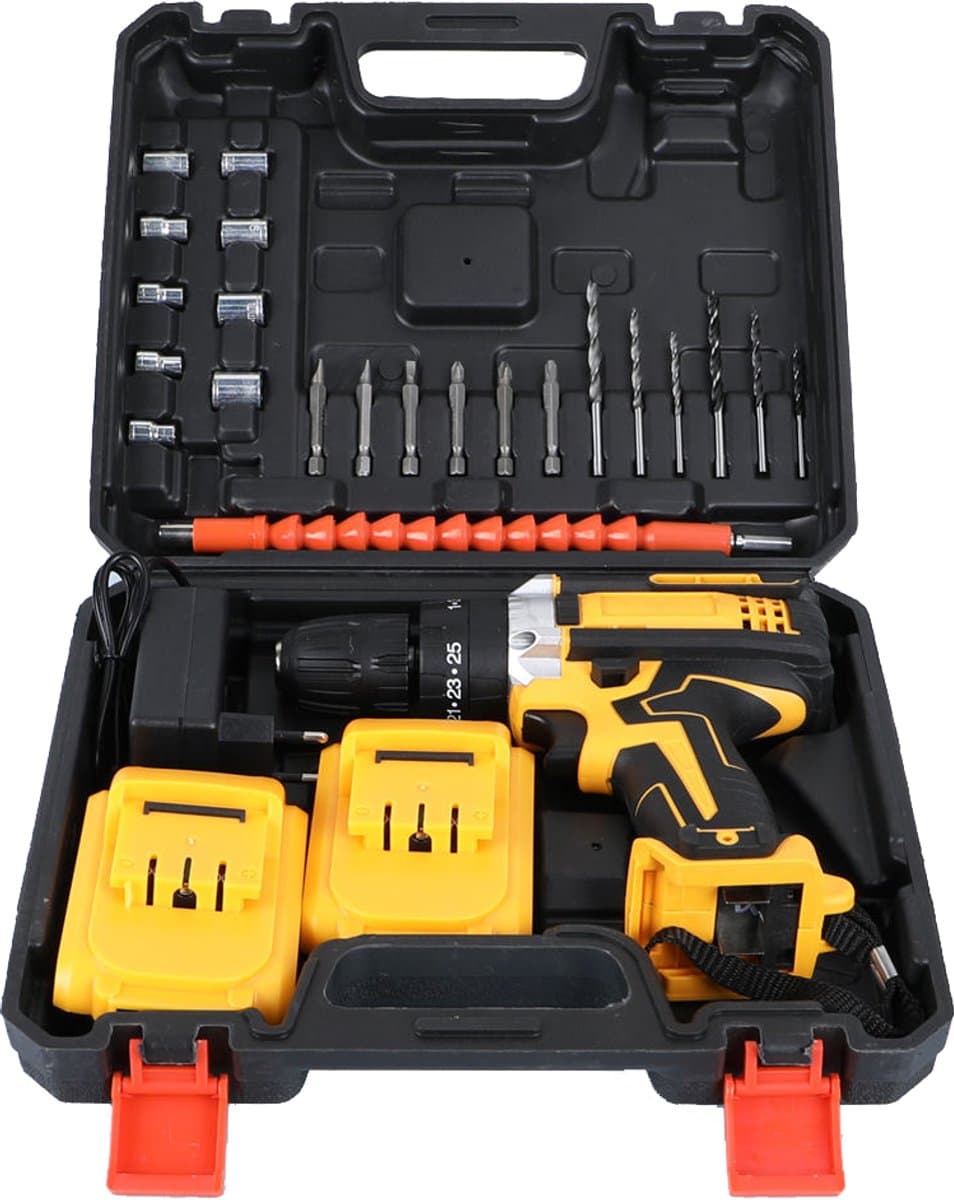 DeWalt-look Accuboormachine 21V Set – 2 Accu's, Snellader, 45 Nm Koppel, Sleutelloze Boorkop en 24-Delige Accessoireset thumbnail 2