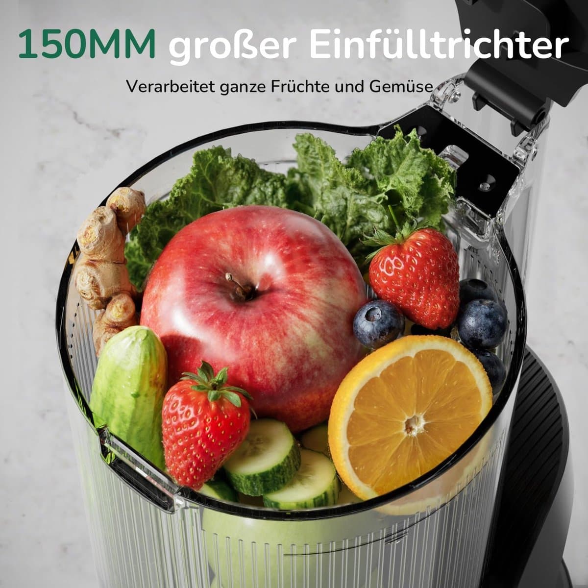 OLOEY De Canoly slowjuicer heeft een inhoud van 2,6 liter-een grote vulopening van 150 mm en een 3-in-1 filter-waardoor hij geschikt is voor zowel sap als notenmelk-Hij beschikt ook over een automatische hakfunctie en een koudpersfunctie thumbnail 8