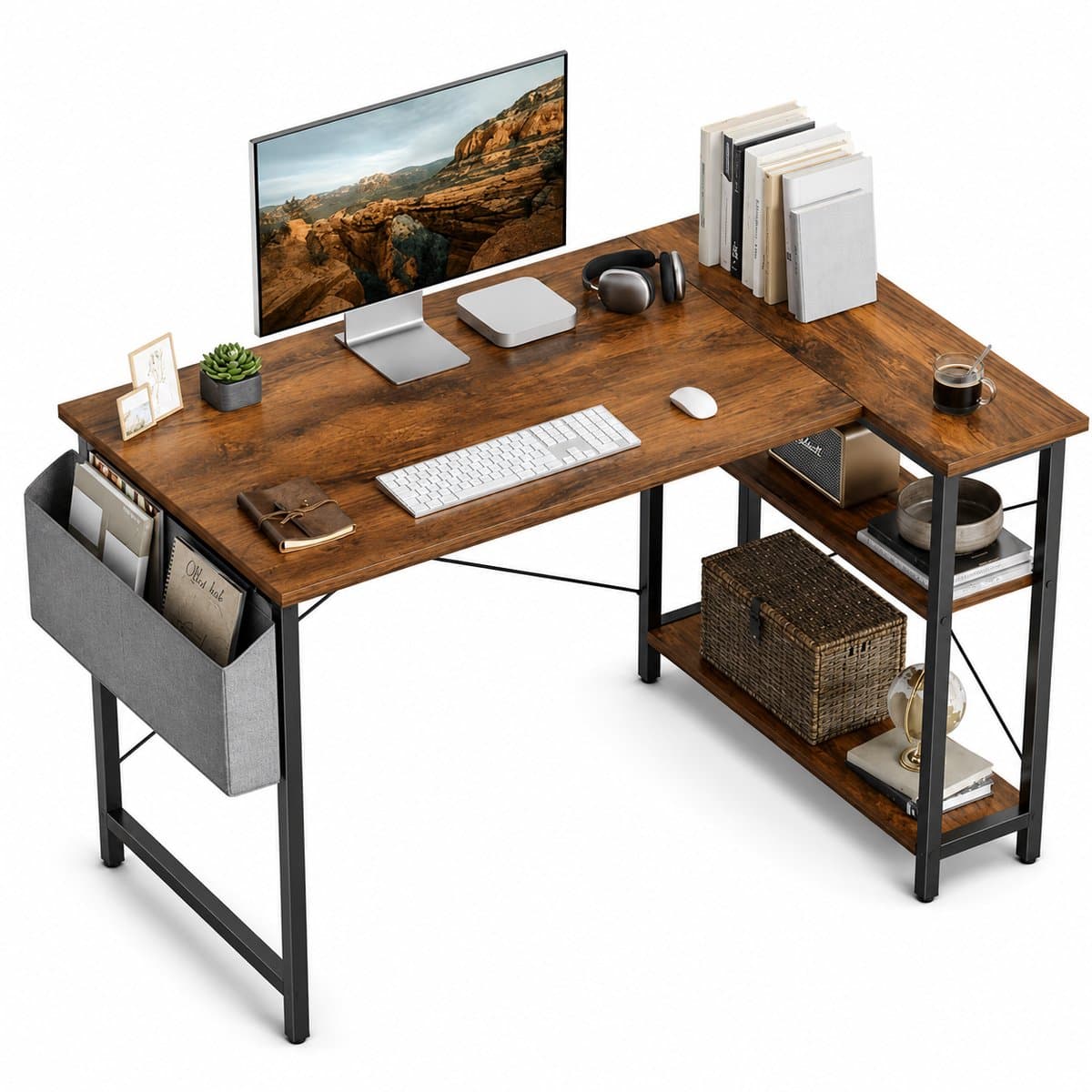BOTC Hoekbureau 100 cm - Rustiek bruin met opbergplanken