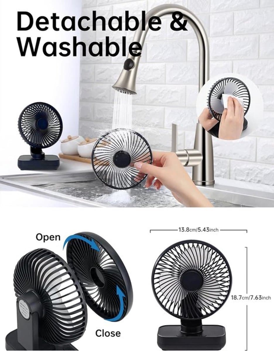 Solvix tafel ventilator geluidloos - Mini Desk Fan - Zwart - Stil en Krachtig - Oplaadbare Batterij - Voor Thuis, Kantoor en Buiten thumbnail 3
