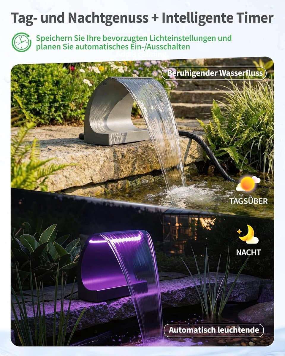 POPOSOAP 300C Watervalset voor vijvers-30 cm roestvrijstalen uitloop-6000 l/u 24V DC-pomp met ledverlichting-alles-in-één voor tuinvijvers-zwembaden en kleine tuinen[Energieklasse B] thumbnail 6