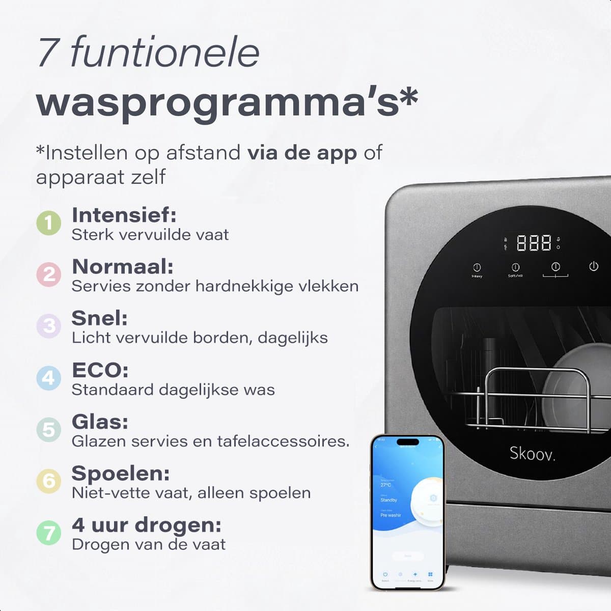 Skoov Mini Vaatwasser met waterreservoir - 5 couverts - 7 wasprogramma's - Kleine smalle vrijstaande afwasmachine - Camping - Grijs thumbnail 4