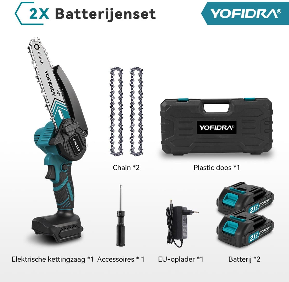 Yofidra Mini kettingzaag - 6 inch kettingzaag- met 2x accu’s - 1000W Heggenschaar - Takkenzaag - voor tuin, boomsnoeien en hout thumbnail 3