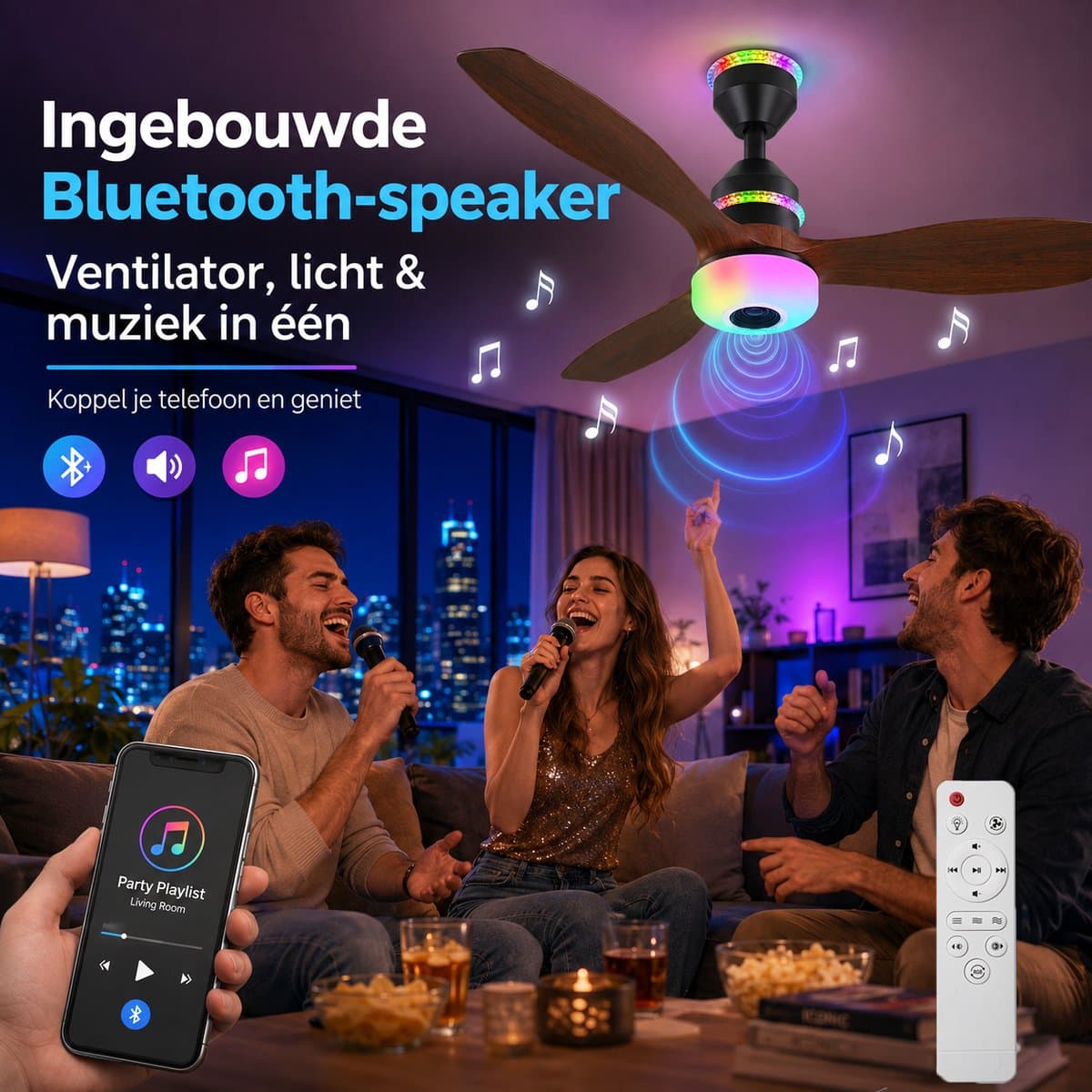 MUPOO Modern Houtlook Plafondventilator met Lamp Ø61cm- Bluetooth Speaker & plafonventilator afstandsbediening-RGB ventilator lamp plafond met 3 Snelheden & Slaapmodus - plafondventilator slaapkamer Woonkamer gamekamer thumbnail 5