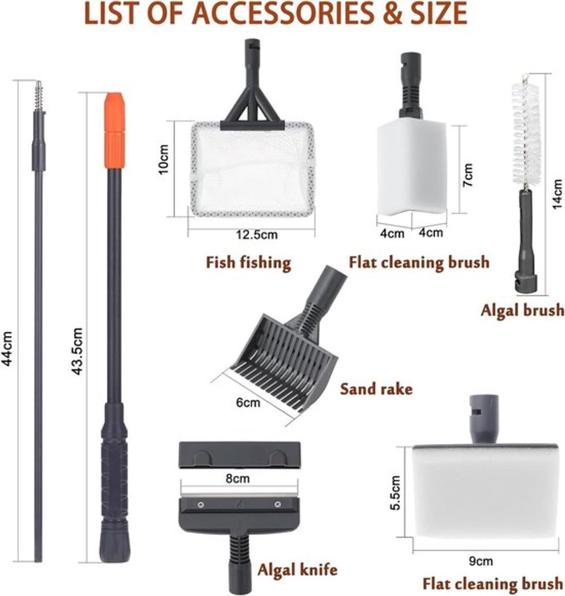 Complete set aquarium reinigingsgereedschappen met verstelbaar handvat - Voor een schone vissenkom met 6 functies thumbnail 3