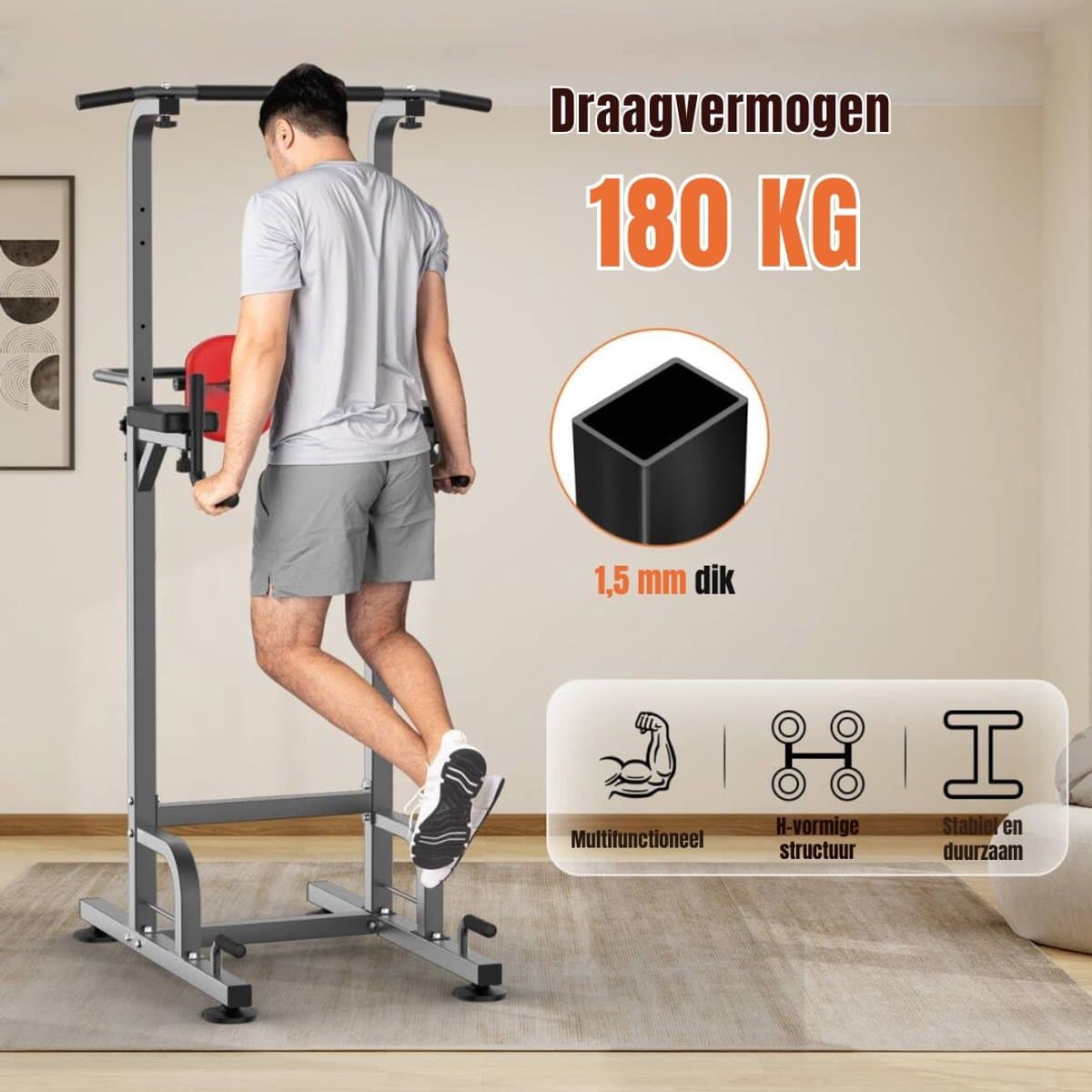 Ploutos® Pull Up Station - Fitness Tower met Optrekstang & Dip Bars - Home Gym Krachtstation - Grijs - 67cm x 86cm x 219cm thumbnail 3