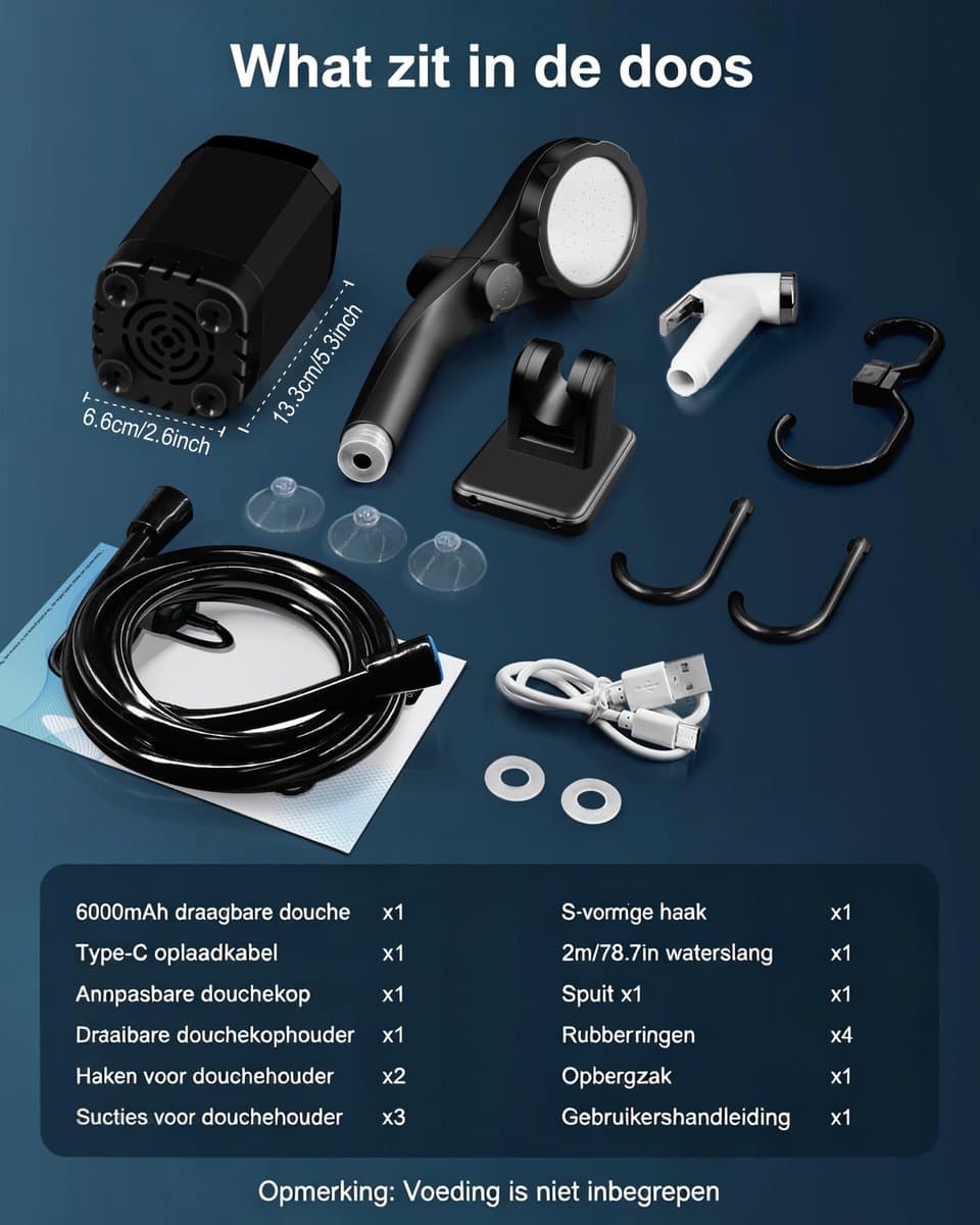 Camping Douche - Draagbare Douche - Buitendouche Camping - Buitendouche - Tuindouche - Lange Levensduur 6000mAh - Intelligente LED-display - Douchekop met 4 Sproeistanden - IPX7 Waterdicht - Voor buiten, Wandelen, Reizen, Auto en Huisdieren - Zwart thumbnail 6